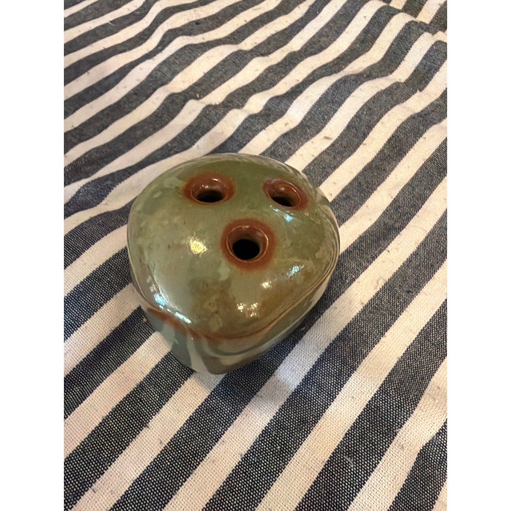 Studio Pottery Signed Sage Green Brown Drip Glaze 3-Hole Flower Frog Bud Vase